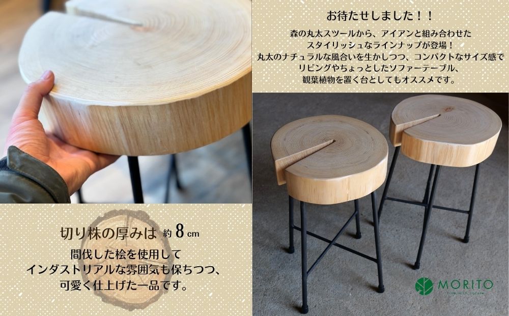 丸太(切り株)とアイアンスツール(スリム四つ脚×桧)／ スツ