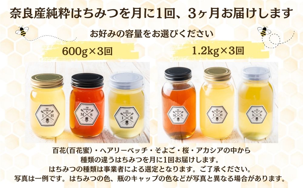 【定期便3回】むろうはちみつ 奈良産 純粋はちみつ 種類お