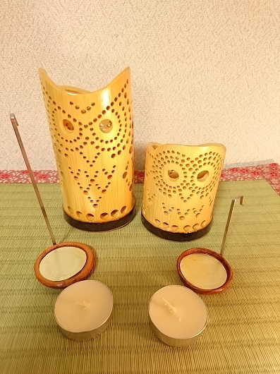 竹製キャンドルホルダー フクロウセットＦ-2 (表皮剥ぎタイ
