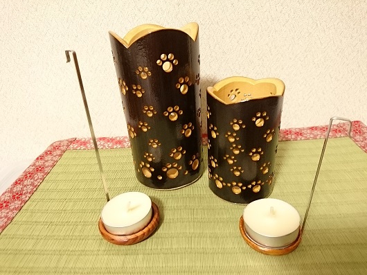 竹製キャンドルホルダー 肉球セットＮ-1 (表皮焦がしタイプ