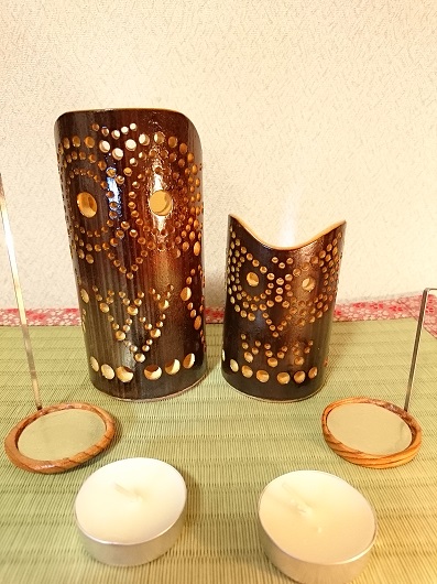 竹製キャンドルホルダー フクロウセットＦ-1 (表皮焦がしタ