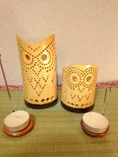 竹製キャンドルホルダー フクロウセットＦ-2 (表皮剥ぎタイ