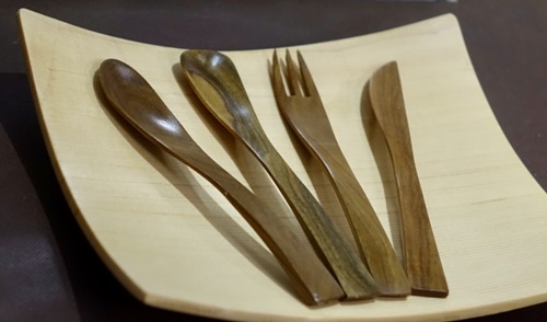 木製 デザートカトラリー ４本セット／津田瑞苑 ガラスコ