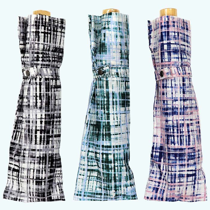 レディース 晴雨兼用傘 折傘 561701 麻 手書き風チェック柄 日本製 ブルーXピンク ／ まちづくり観光振興機構 折りたたみ 日傘 UV防止加工 紫外線対策 奈良県 田原本町