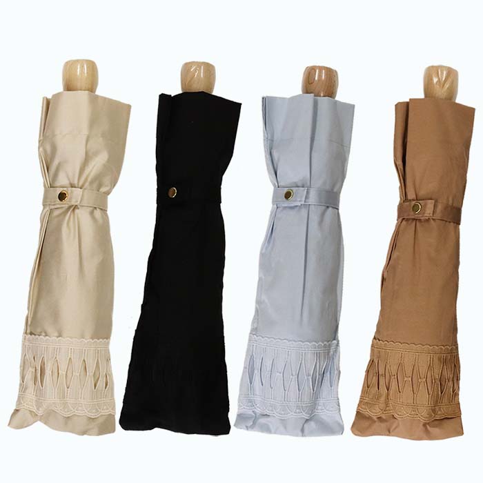 レディース 日傘 ２つ折 573501 レース切継ぎ 綿サテン生地  日本製 ブラック ／ まちづくり観光振興機構 UV防止加工 紫外線対策 高級 おしゃれ 奈良県 田原本町