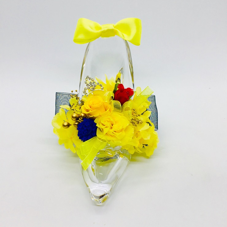 プリザーブドフラワー fleur misakiのガラスの靴シリーズ 「プリンセスのガラスの靴、真実の愛 ハッピーイエロー」 ／ お祝い インテリア 雑貨 花 プレゼント ギフト 奈良県 田原本町