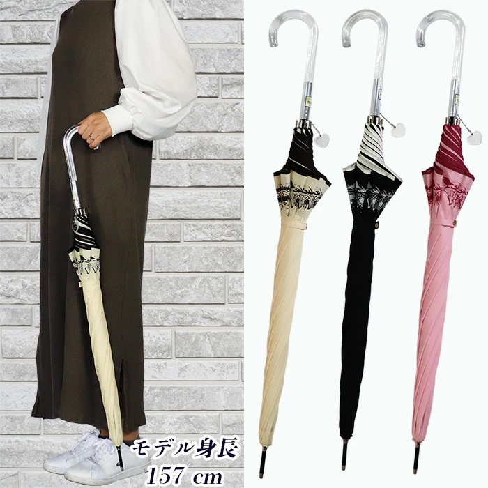 晴雨兼用傘 レディース 長傘 60cm ローズ柄 ワンタッチジャンプ 165208 ブラック ／ まちづくり観光振興機構 UV防止加工 紫外線対策 全天候型 奈良県 田原本町