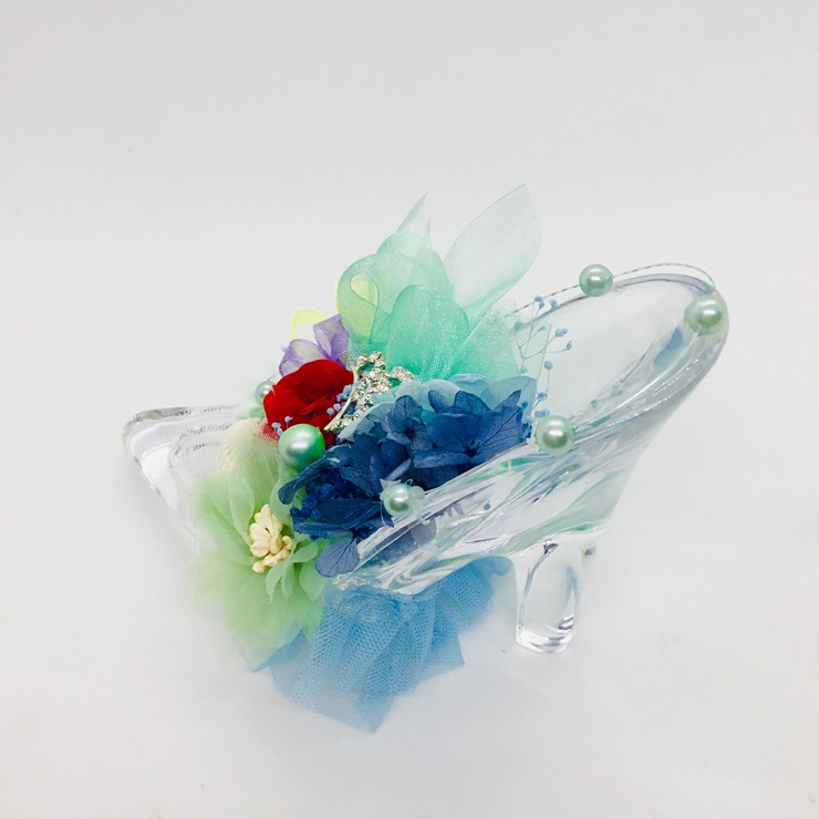 プリザーブドフラワー fieur misakiのガラスの靴シリーズ 「マーメイドの恋・エメラルドグリーンの海で」 ／ お祝い インテリア 花 アレンジ プレゼント ギフト 奈良県 田原本町