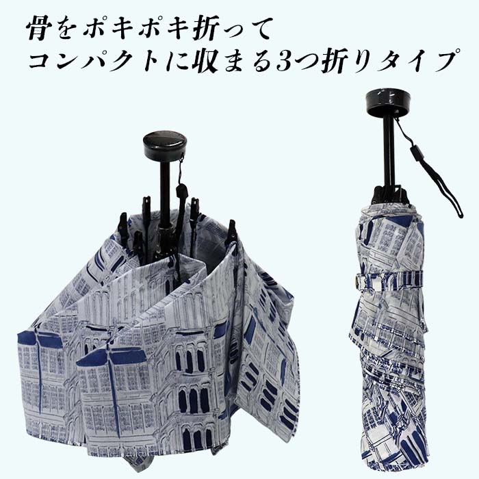 レディース 晴雨兼用傘 ミニ傘 591503 綿 ローンプリント タウン柄  日本製 ブルー系 ／ まちづくり観光振興機構 折りたたみ 日傘 UV防止加工 紫外線対策 奈良県 田原本町