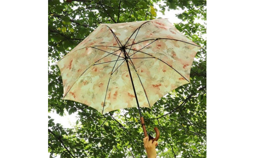 レディース雨傘 長傘 シャンタン花柄プリント手開き 日本製 ベージュ系 173602 ／ まちづくり観光振興機構 モダン 高級感 奈良県 田原本町