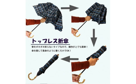 メンズ雨傘 トップレス折傘 372201 先染チェック 日本製 ネイビー×グリーンA ／ まちづくり観光振興機構 モダン 高級感 奈良県 田原本町