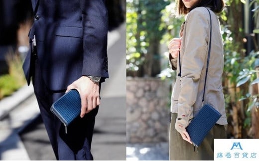 織田畳店×藤巻百貨店別注 雛（Hiina） 本い草 ウォレットバッグ 深藍 ／ 織田畳店 天然芯染めい草 本革 たたみ小物 奈良県 田原本町