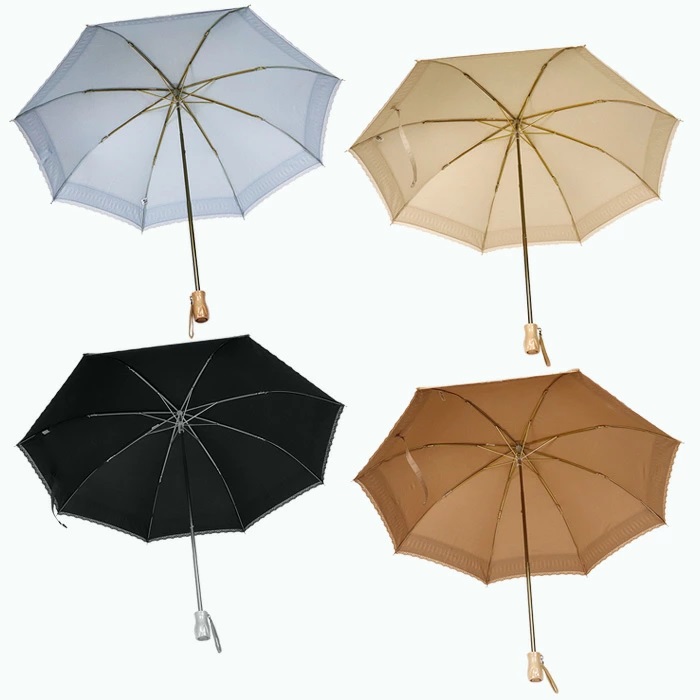 レディース 日傘 ２つ折 573501 レース切継ぎ 綿サテン生地  日本製 ブラック ／ まちづくり観光振興機構 UV防止加工 紫外線対策 高級 おしゃれ 奈良県 田原本町