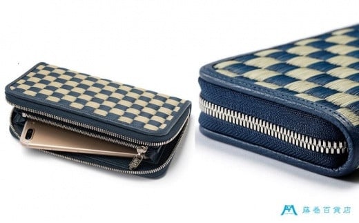 織田畳店 藤巻百貨店別注 雛（Hiina） 本い草 ウォレットバッグ 市松 （い草×深藍） ／ 織田畳店 天然芯染めい草 本革 たたみ小物 奈良県 田原本町