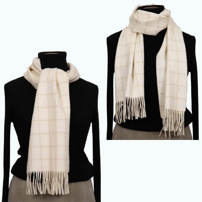 無染色 カシミヤ マフラー チェック柄 66403 男女兼用 オフホワイト ／ まちづくり観光振興機構 防寒 レディース メンズ 通勤 通学 プレゼント ギフト 奈良県 田原本町