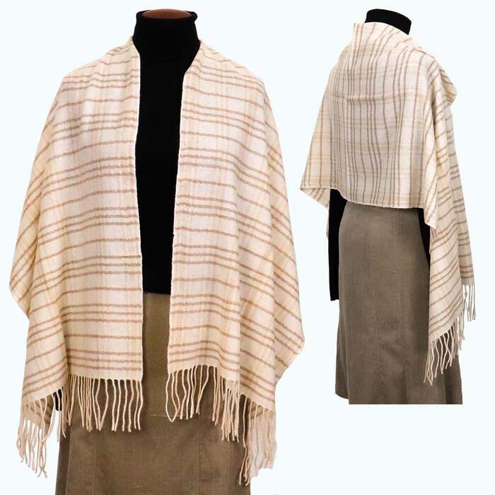 無染色 高級 カシミヤ100％ 薄手 大判 ストール チェック柄 66412 レディース 内モンゴル産 オフホワイト ／ まちづくり観光振興機構 通勤 通学 プレゼント ギフト 奈良県 田原本町