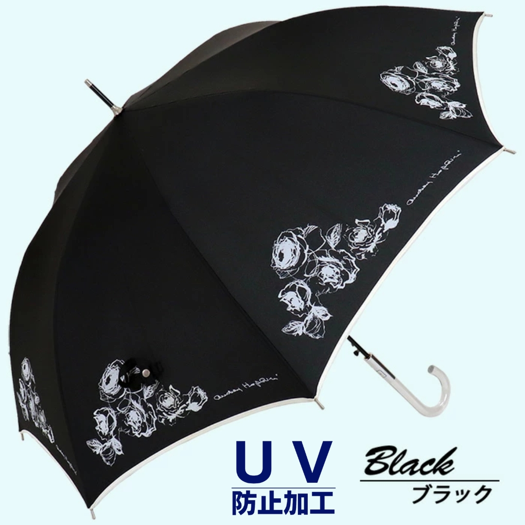 晴雨兼用傘 レディース 長傘 60cm ローズ柄 ワンタッチジャンプ 165208 ブラック ／ まちづくり観光振興機構 UV防止加工 紫外線対策 全天候型 奈良県 田原本町