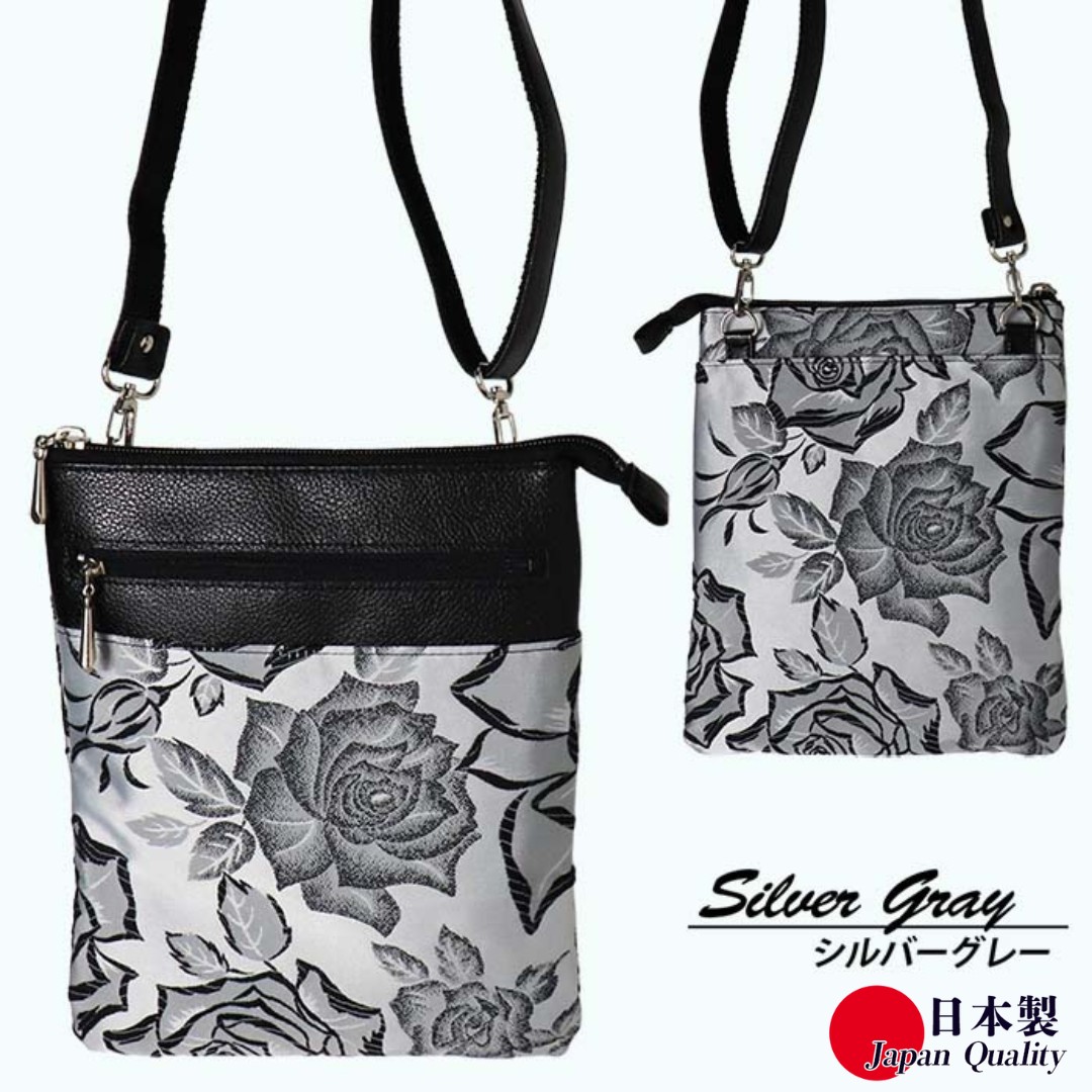 ローズ柄 シルバーグレー ポシェット BR-69 縦型 日本製 ミニショルダーバッグ レディース ／ まちづくり観光振興機構 傘生地 ブロケード織り 旅行 ウォーキング 防水 奈良県 田原本町