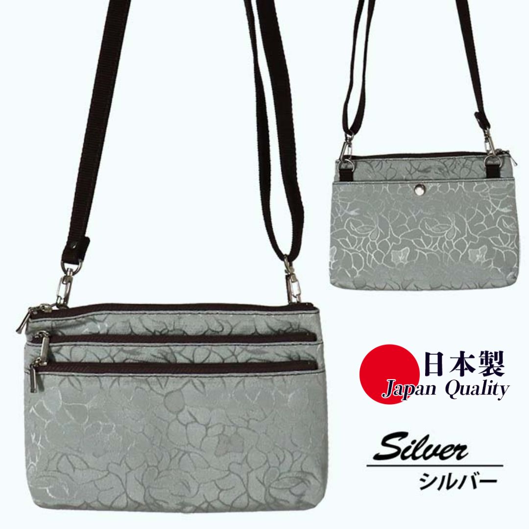 ローズ柄 シルバー ポシェット TJ-50 縦型 日本製 ミニショルダーバッグ レディース ／ まちづくり観光振興機構 傘生地 ちりめんジャガード 旅行 ウォーキング 防水 奈良県 田原本町