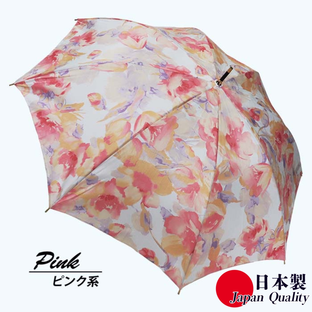 レディース雨傘 長傘 シャンタン花柄プリント手開き 日本製 ピンク系 173602 ／ まちづくり観光振興機構 モダン 高級感 奈良県 田原本町