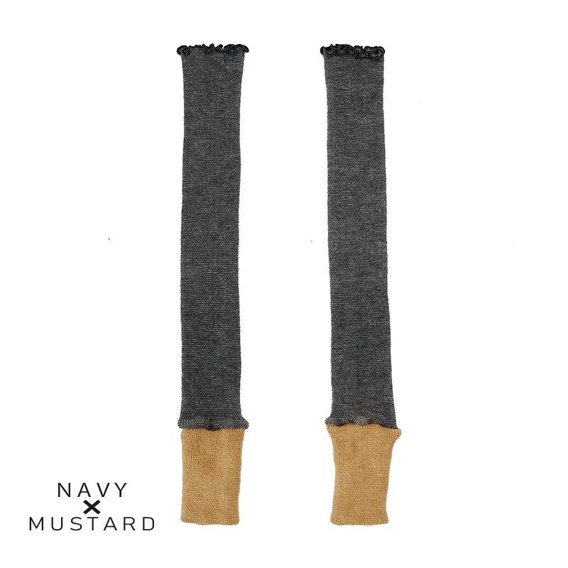 アームウォーマー ニュアンスカラー切り返しパターン ネイビー＆マスタード ／ まちづくり観光振興機構 アームカバー レディース メンズ 冷え防止 国産 奈良県 田原本町