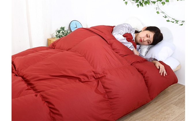 羽毛布団シングル掛け布団日本製ダウン90％1.0kg立体スクエアキルト8か所ループ付き無地レッド