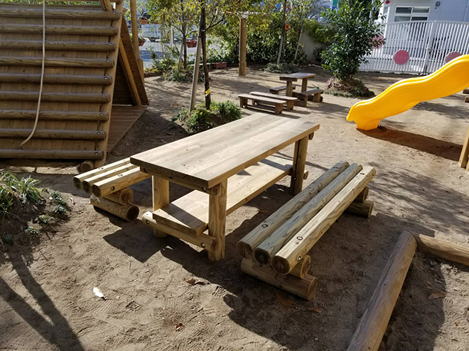 木製 ガーデンテーブルセット 防腐加工済 国産材 環境配慮 外遊び 屋外 アスレチック 遊具 公園 庭