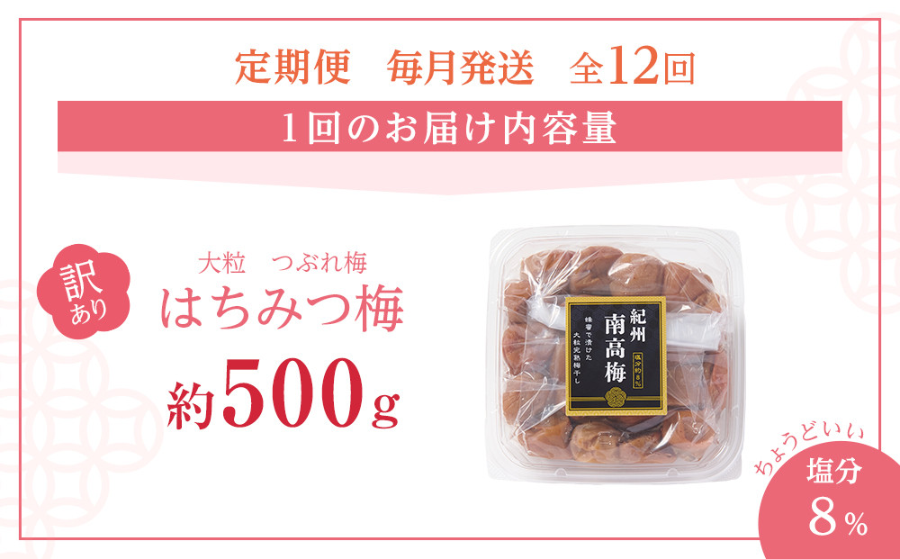 訳あり 梅干し 大粒 大玉 つぶれ梅 はちみつ梅 約500g × 12回 塩分8％ [ 定期便 毎月発送・全12回 ]