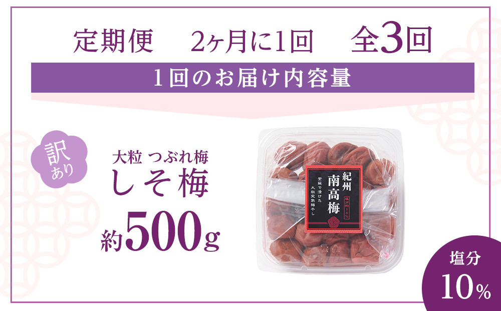 訳あり 梅干し 大粒 大玉 つぶれ梅 しそ梅 約500g × 3回 塩分10％ [ 定期便 2か月に１回発送・全3回 ]