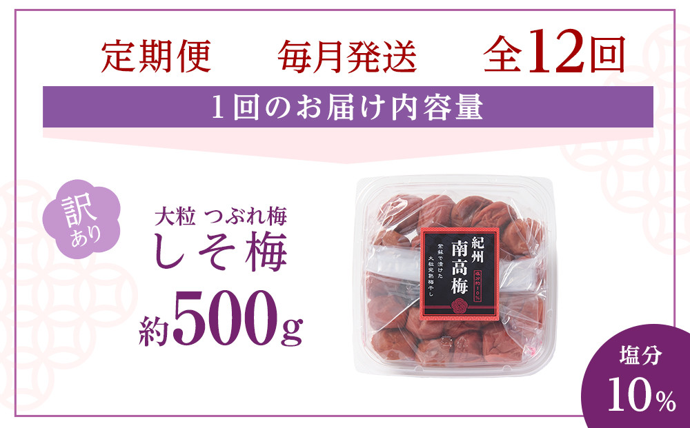 訳あり 梅干し 大粒 大玉 つぶれ梅 しそ梅 約500g × 12回 塩分10％ [ 定期便 毎月発送・全12回 ]