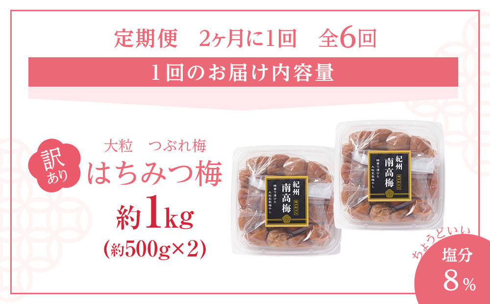 訳あり 梅干し 大粒 大玉 つぶれ梅 はちみつ梅 約1kg(500g×2) × 6回  塩分8％ [ 定期便 2か月に１回発送・全6回 ]