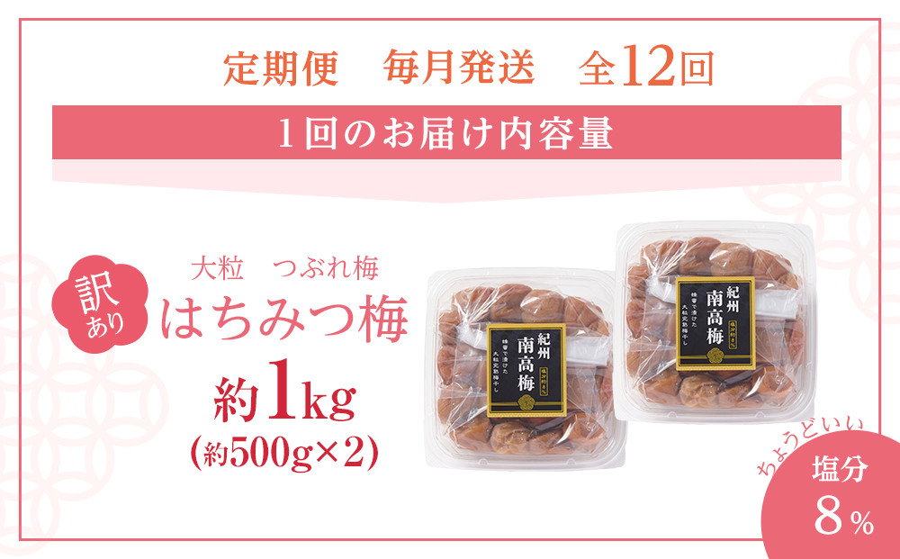 訳あり 梅干し 大粒 大玉 つぶれ梅 はちみつ梅 約1kg(500g×2) × 12回  塩分8％ [ 定期便 毎月発送・全12回 ]