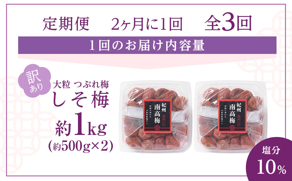 訳あり 梅干し 大粒 大玉 つぶれ梅 しそ梅 約1kg (500g×2)  × 3回 塩分10% [ 定期便 2か月に１回発送・全3回 ]