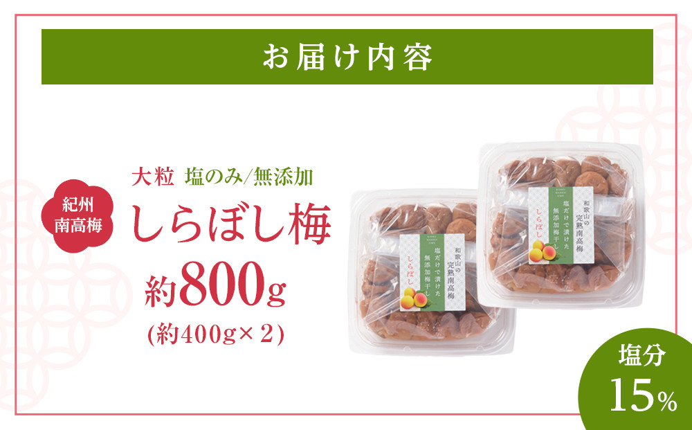 梅干し しらぼし梅  約800g（約400g×2） 塩のみ 無添加 大粒 紀州南高梅 塩分約15％ 和歌山県産