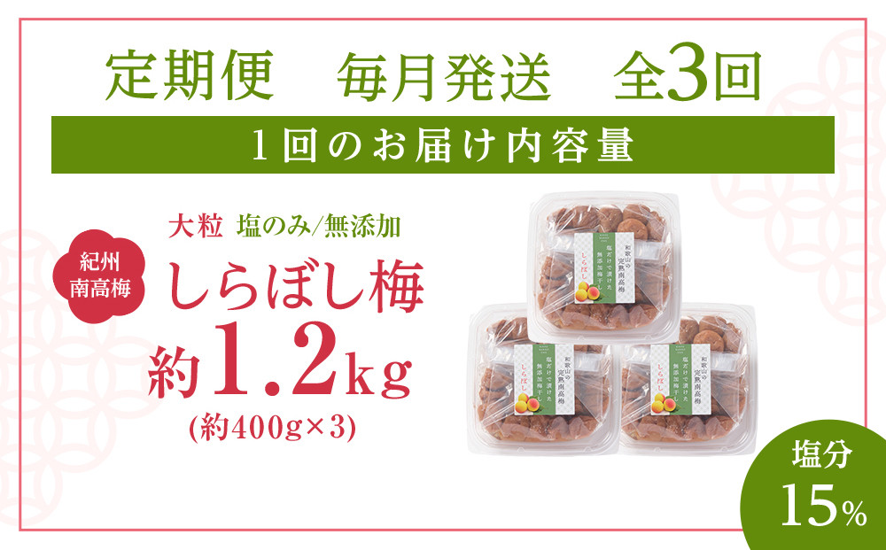 梅干し しらぼし梅 約1.2kg（約400g×3）塩のみ 無添加 大粒 紀州南高梅 塩分約15％ 和歌山県産 [ 定期便 毎月発送・全3回 ]