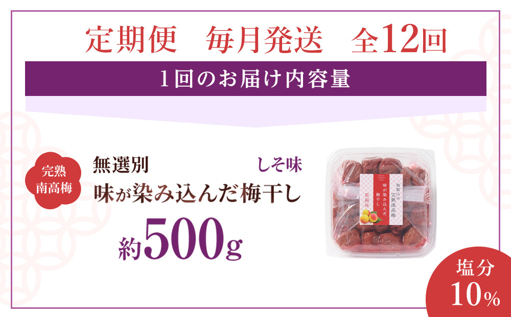 無選別 和歌山の完熟南高梅 味が染み込んだ梅干し しそ味 500g 塩分10％ [定期便 毎月発送・全12回]