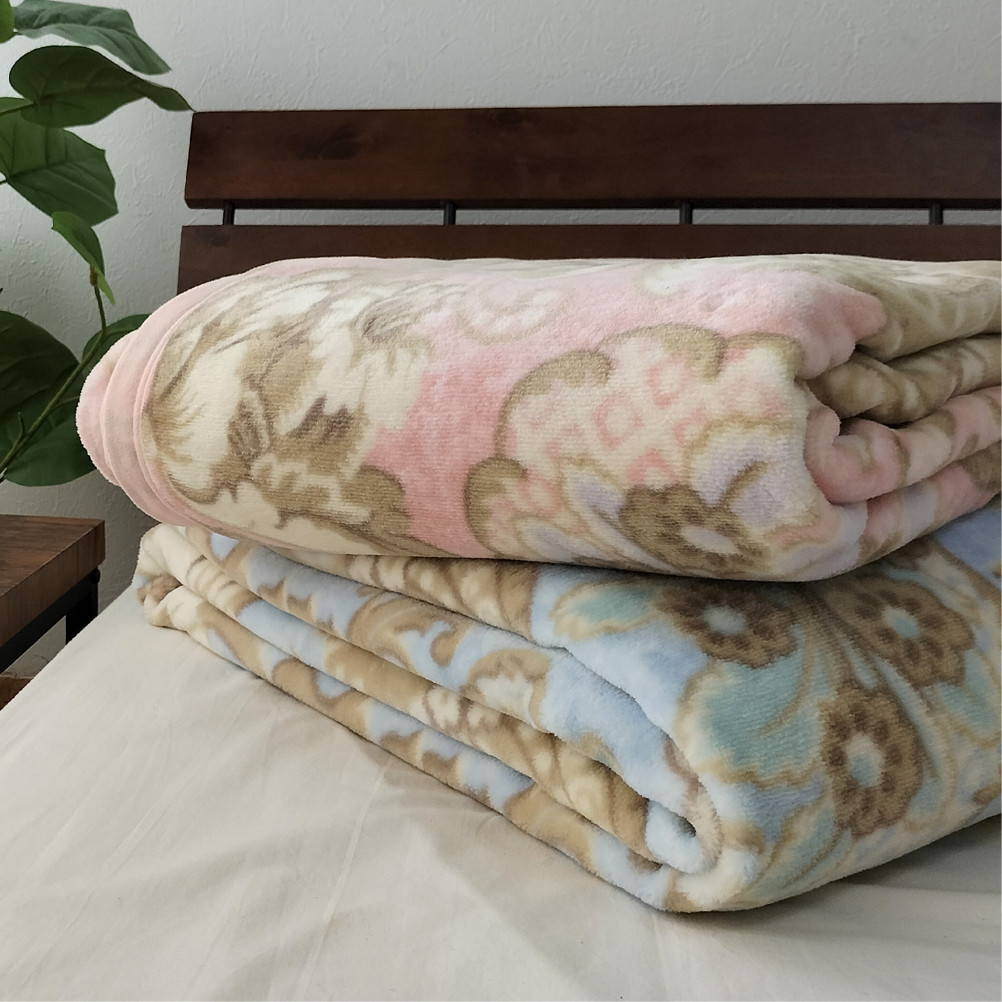 ［2枚組］椿オイル加工 ふんわり綿毛布 シングルサイズ（約140×200cm）×1セット（ピンク1枚・ブルー1枚） CNM-300-2P