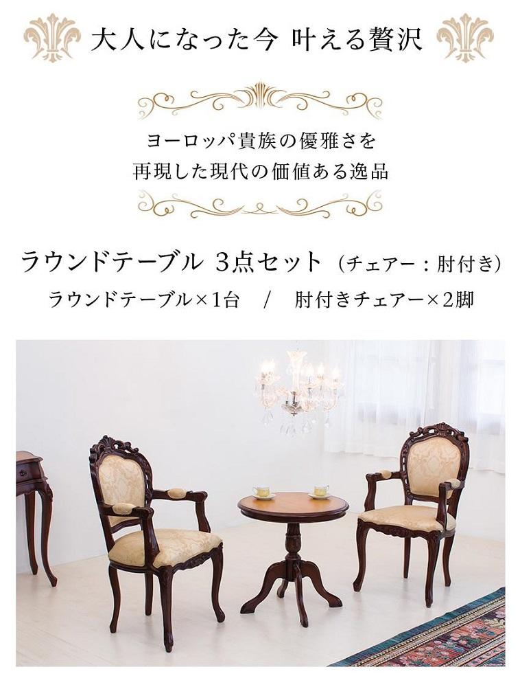 コモ ラウンドテーブル フランシスカ肘付きチェア2脚 3点セット ブラウン AKU1006939