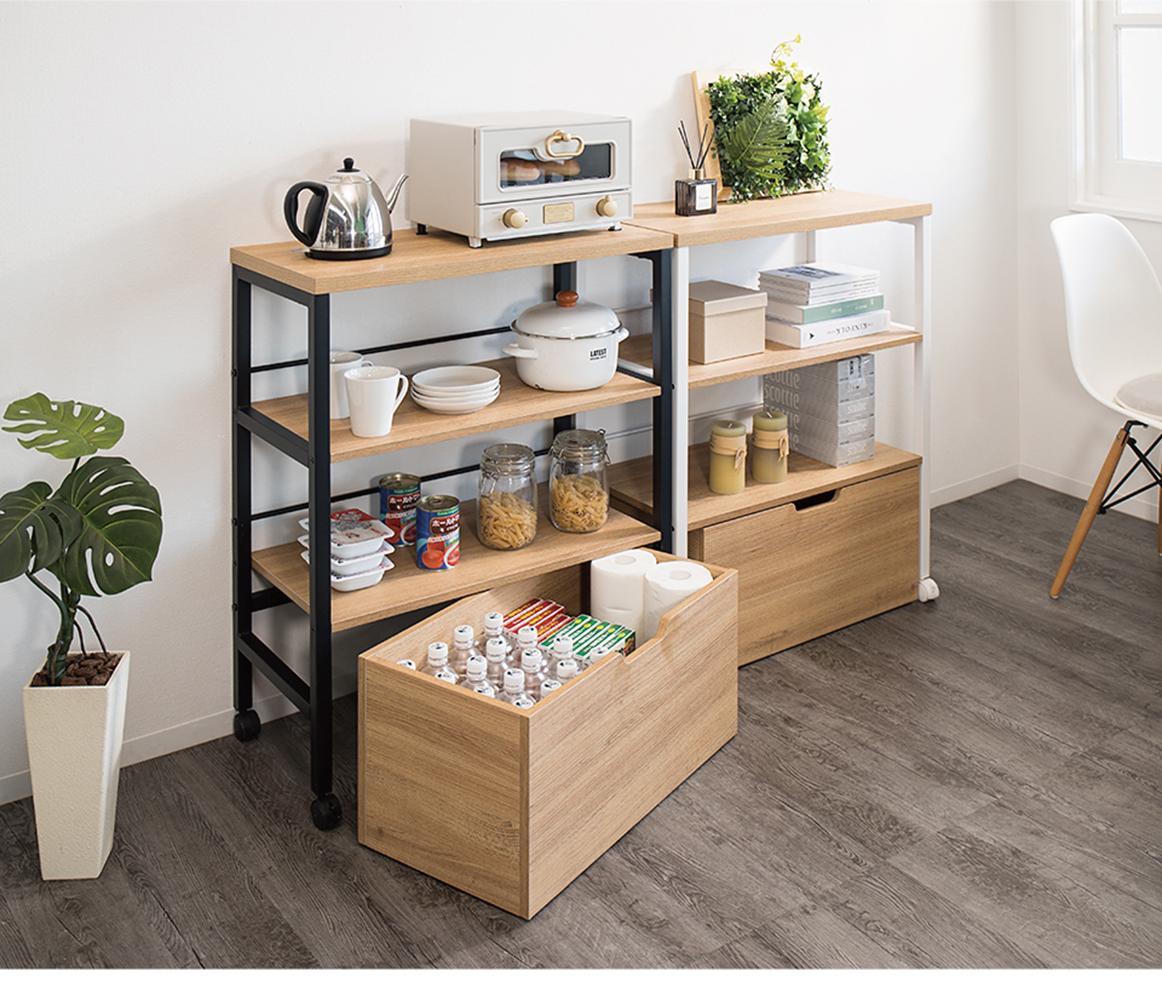 【ブラック】スチールラック 約幅70×奥行35×高さ88cm キッチンワゴン キッチンラック レンジ台 キッチンカウンター レンジラック キャスター付き 引き出し付き AKU102343901