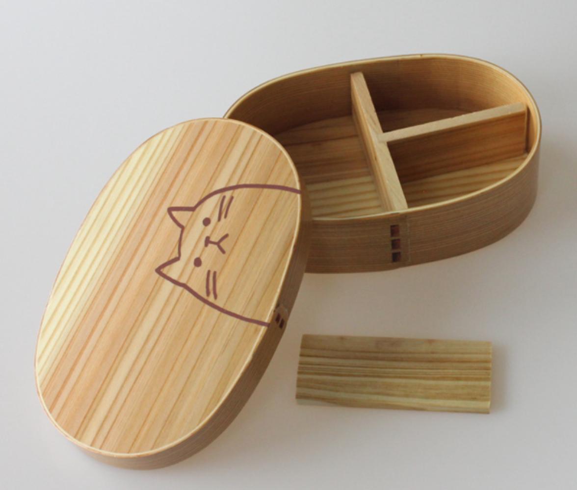 曲げわっぱ弁当箱 仕切り【470ml】 ねこ ナチュラル 日本国内仕上げ 天然木 1段