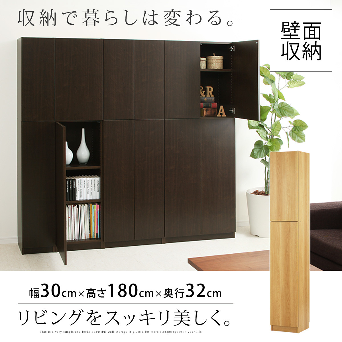 【完成品でお届け】壁面収納〔幅30cm・本体・右開きタイプ〕（ダークブラウン）壁面収納 本棚 扉付き 収納 棚 cdラック dvdラック 収納棚 リビング オフィス 扉付き収納 整理棚 書棚 おしゃれ LKANCB310300-R-DBR