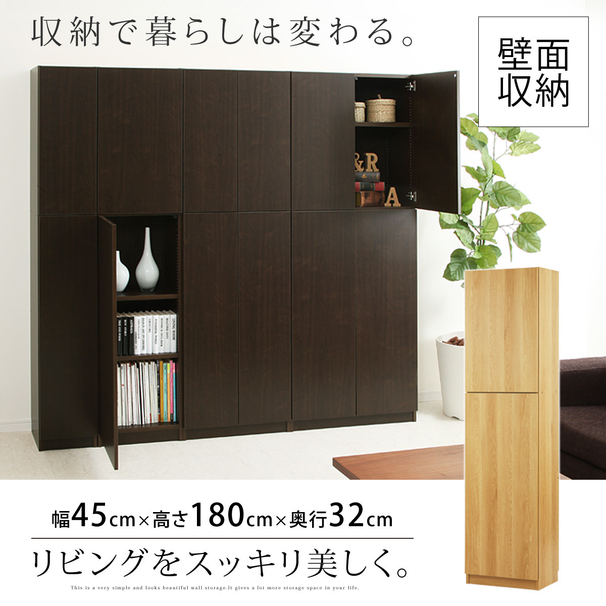 【完成品＋設置付き】壁面収納〔幅45cm・本体・左開きタイプ〕（ダークブラウン）壁面収納 本棚 扉付き 収納 棚 cdラック dvdラック 収納棚 リビング オフィス 扉付き収納 整理棚 書棚 おしゃれ LKONCB642255-L-DBR