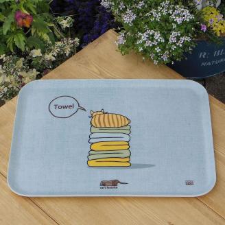 ネコダラトレイM角＆コースター 各1枚セット「タオルはふわふわベッド」 ネコだらけ 猫グッズ