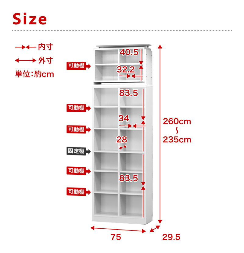 シェルフ7518 ＋ 突っ張り耐震 上置き セット ホワイト aku100447092