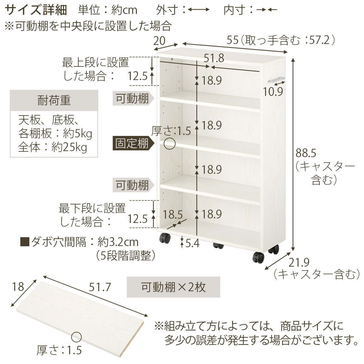 【完成品でお届け】キャスター付き収納ラック〔取っ手が左側タイプ〕（ホワイト）収納 ワゴン キャスター付き 収納棚 おしゃれ ロータイプ スリム 20cm 隙間収納 本棚 漫画 収納ラック キッチン収納 AKANBR920117-L-WH