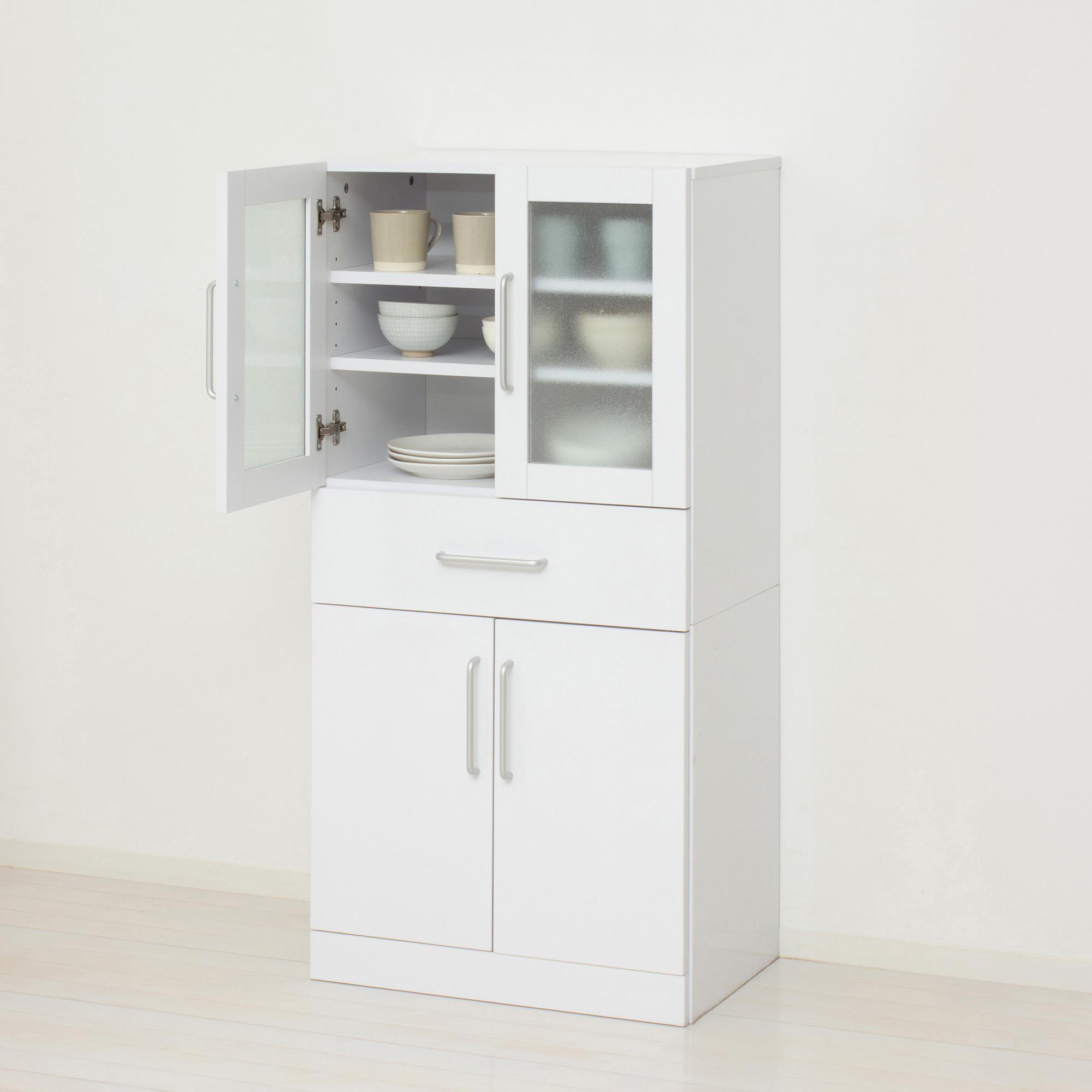 食器棚 ヌーヴォー 幅60 高さ120 ホワイト  キッチンラック 白 AKU1045058