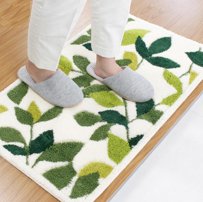 玄関マット リーフグリーン 45×75cm ホワイト 室内 洗える 日本製 ウィルトン織り すべり止め