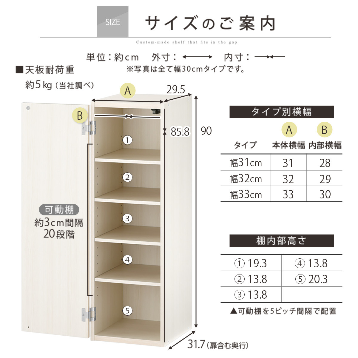 【国産家具】オーダーすき間ラック〔幅31cm・扉付き・ロータイプ〕（ホワイト）すき間ラック 収納棚 扉付き スリム 約 奥行30 高さ90 ロータイプ オーダーラック キッチン 洗面所 ラック 薄型 木製 オーダー 棚 扉付 5段 隙間収納 ABE400085-31-WH