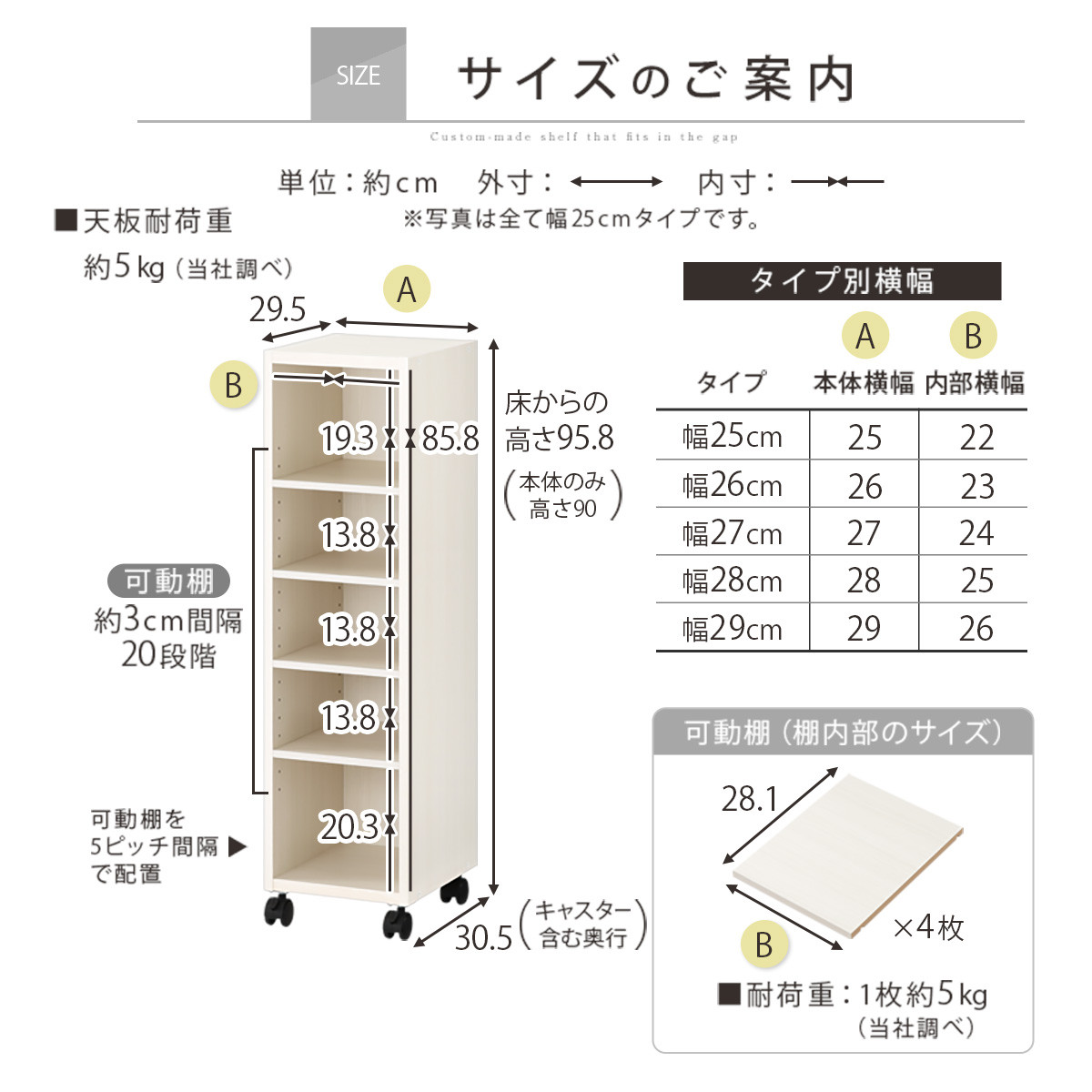 【完成品＋設置付き】オーダーすき間ラック〔幅25cm・キャスター・ロータイプ〕（ホワイトウッド）隙間収納 キャスター付き キッチン 洗面台 隙間 収納 洗濯機横 隙間収納ラック ラック 薄型 木製 AKONBE400101-25-WWO