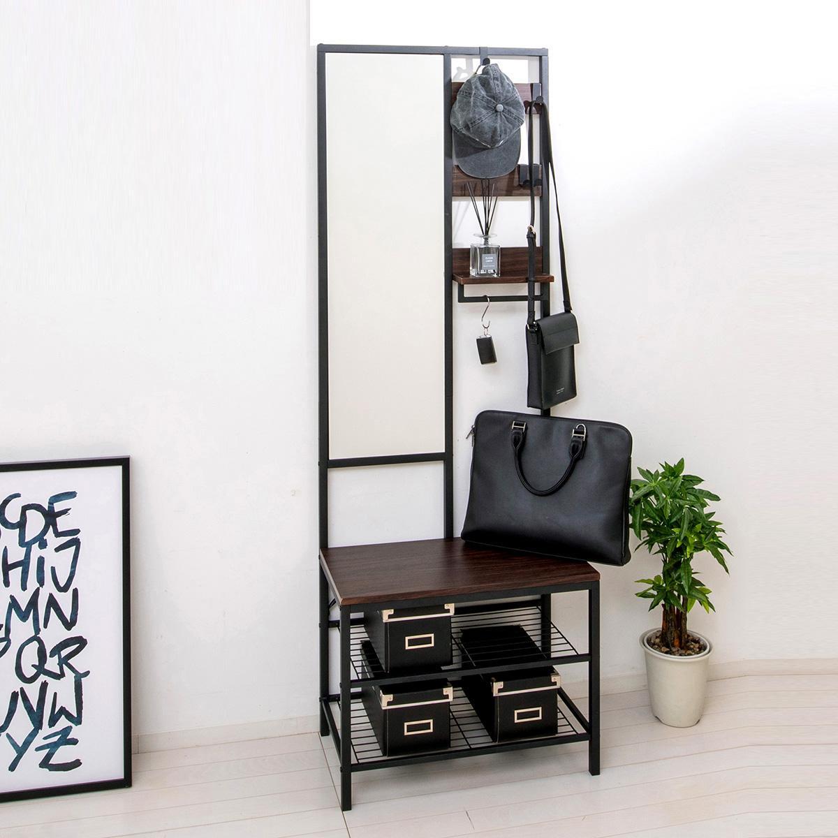 多機能 ハンガーラック ミラー付 ブラウン 約W62×D33×H169.5cm AKU104491001